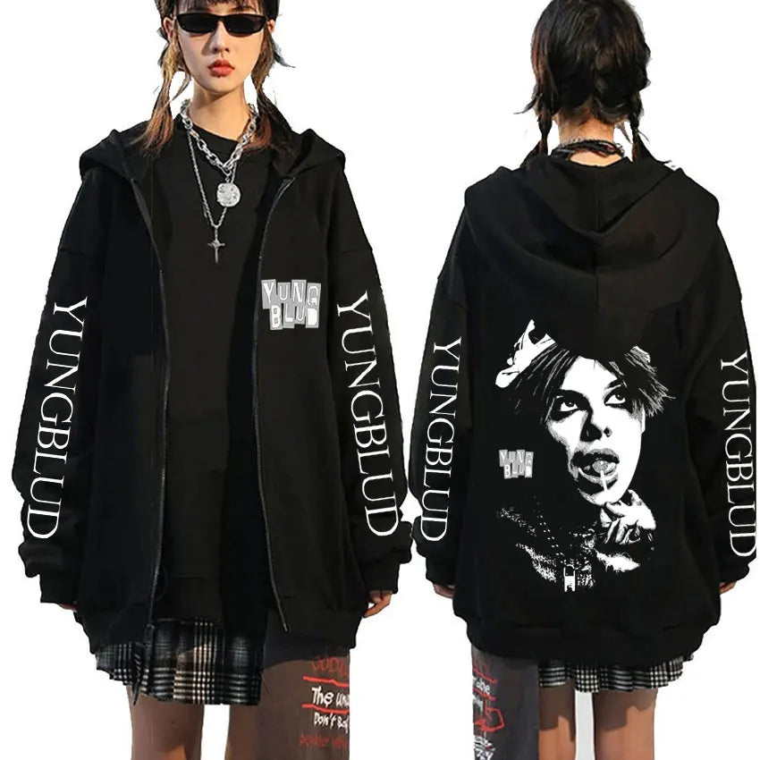 Singer Yungblud Black Hearts Club Zipper Hoodie Male Fleece Cotton Zip Up Hoodies Men Women Rock Vintage Oversized Zip Up Jacket
