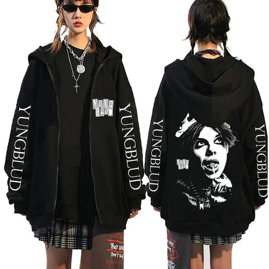 Singer Yungblud Black Hearts Club Zipper Hoodie Male Fleece Cotton Zip Up Hoodies Men Women Rock Vintage Oversized Zip Up Jacket