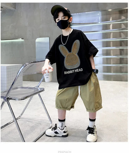 Cartoon Rabbit Boys Summer Clothing Two Piece Set Outfits Short Sleeved T-shirt Shorts Tracksuits Kids Children Casual Costumes