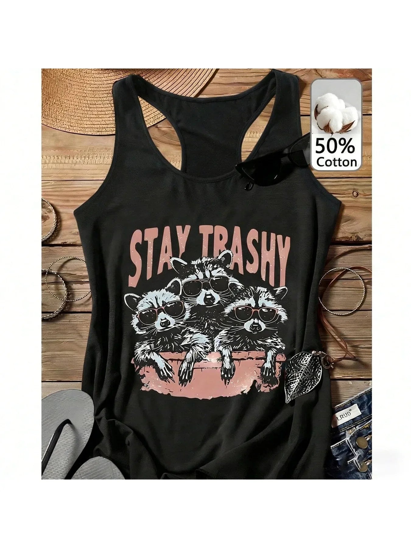 Summer Women's Plus Size Outfit, Funny Sunglasses, Raccoon Print Tank Top, High Street Style Black Casual Sleeveless Top