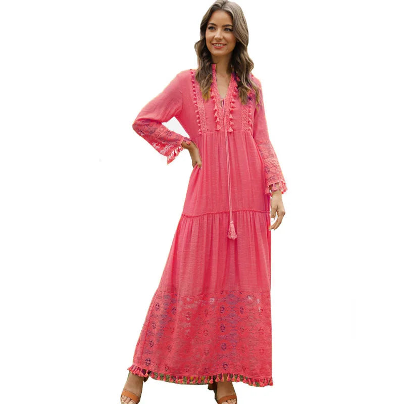 Ladies Bohemian V-Neck Tassel Large Size Casual Dress Women Lace Solid Fashion Dress Elegant Robe Boho Holiday Long Dress