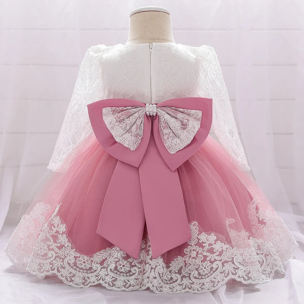 Long Sleeve Baby Girls Dress Newborn White Baptism Tulle Party Wedding 1st Birthday Princess Dresses Infant Girls Bow Prom Gown