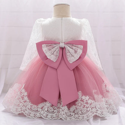 Long Sleeve Baby Girls Dress Newborn White Baptism Tulle Party Wedding 1st Birthday Princess Dresses Infant Girls Bow Prom Gown