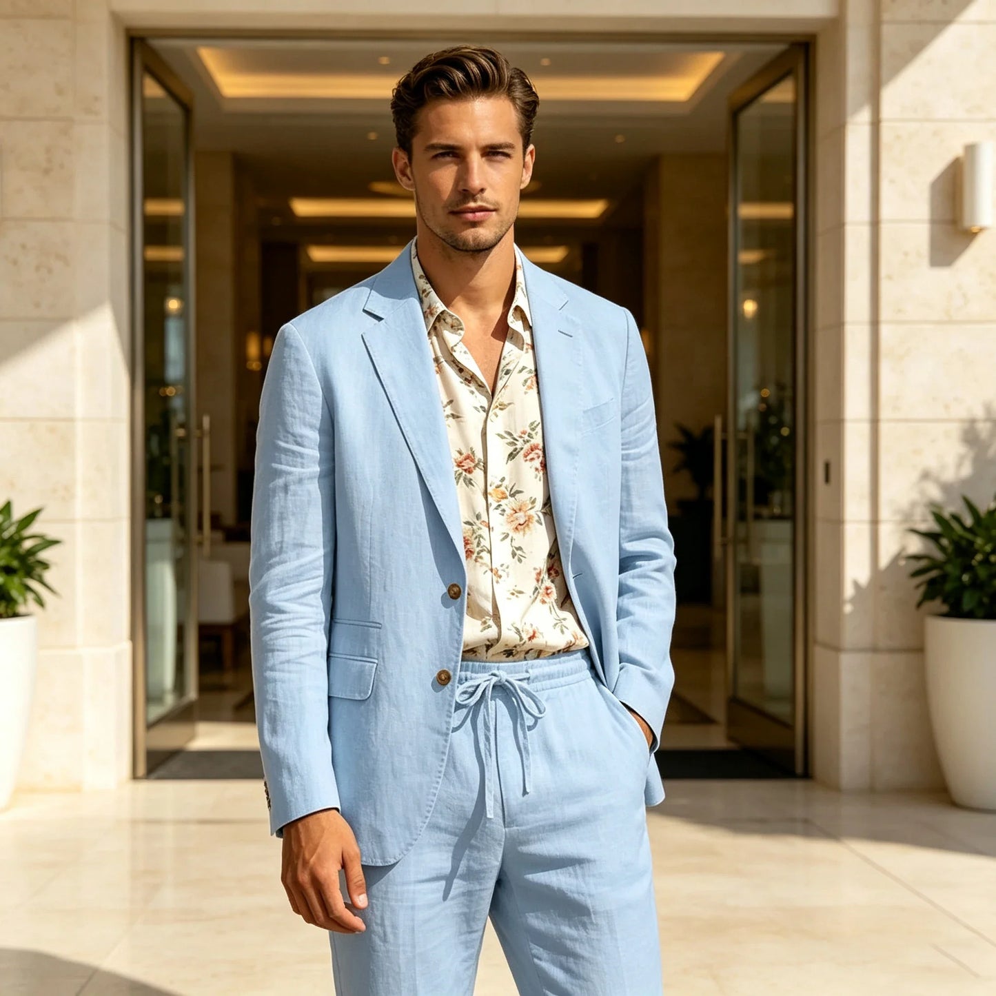 Men's Linen Suit 2 Piece Set Blazer & Drawstring Pants Business Casual Suit Jacket Trousers Summer Beach Wedding Formal Outfit