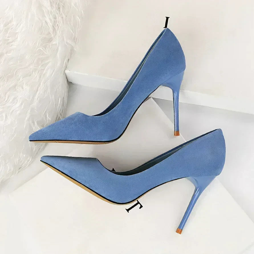Women 9cm High Heels Daily Party Colorful Suede Pumps Female Scarpins Stiletto Evening Banquet Red Yellow Shoes Plus Size 34-43