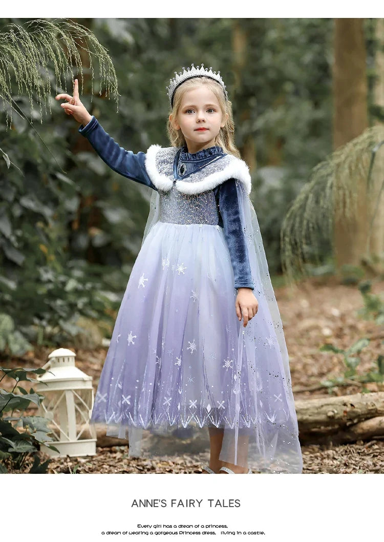 Girls' Spring 2026 New Velvet Elsa Frozen Princess Dress Kids Blue Cape 2 Piece Set Warm Dresses For Girl Party 3-9 Years Old ﻿
