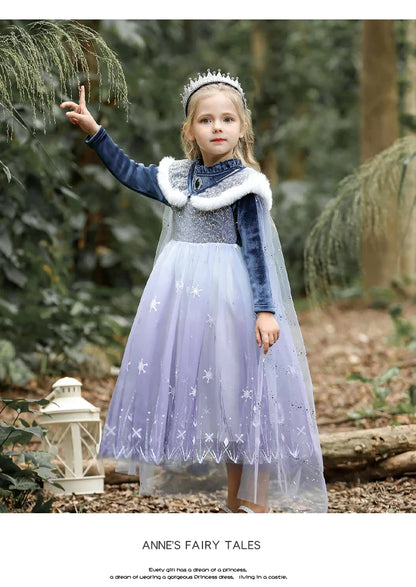 Girls' Spring 2026 New Velvet Elsa Frozen Princess Dress Kids Blue Cape 2 Piece Set Warm Dresses For Girl Party 3-9 Years Old ﻿