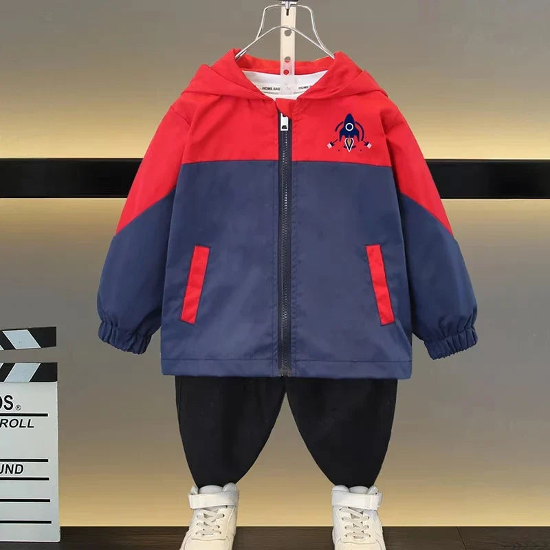 2025 Spring Autumn Kids Jacket Baby Boy Fashion Rocket Print Hooded Zipper Windbreaker Coat Children Clothing Outerwear 2-12 Yrs
