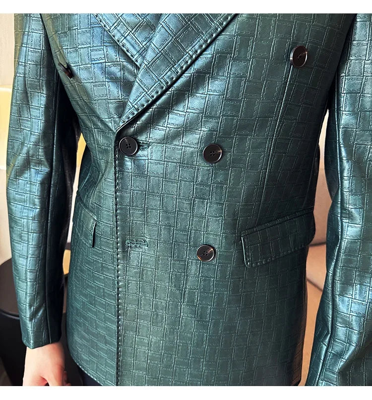 High Quality Square Grid Double Breasted Leather Jacket Fashion Business Slim Fit Casual Men Suit Blazer Tuxedos Men Clothing