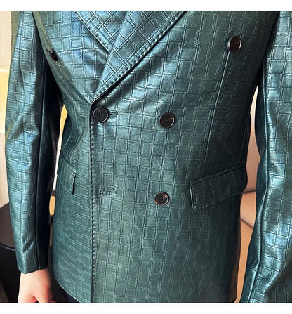 High Quality Square Grid Double Breasted Leather Jacket Fashion Business Slim Fit Casual Men Suit Blazer Tuxedos Men Clothing