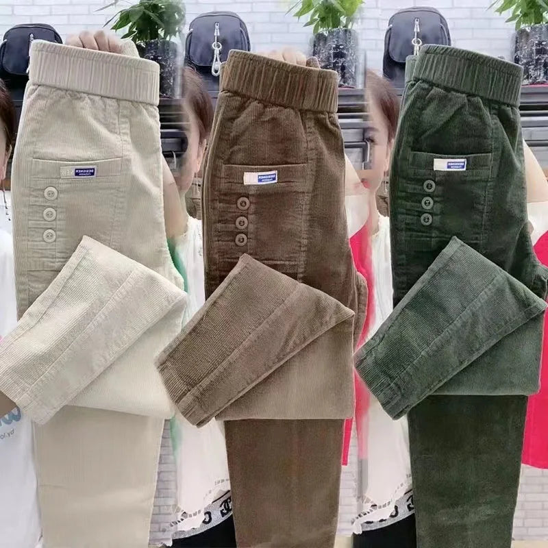 Elegant Women Streetwear Korean Fashion Casual Pant Solid Corduroy Harlan Button Pockets Pants New Autumn Winter Pants Plus Size
