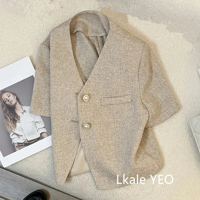 Women's Blazer Coat 2025 Spring Autumn Short-sleeve  Temperament Ladies Outerwear Korean Version Casual Female Short Suit Jacket