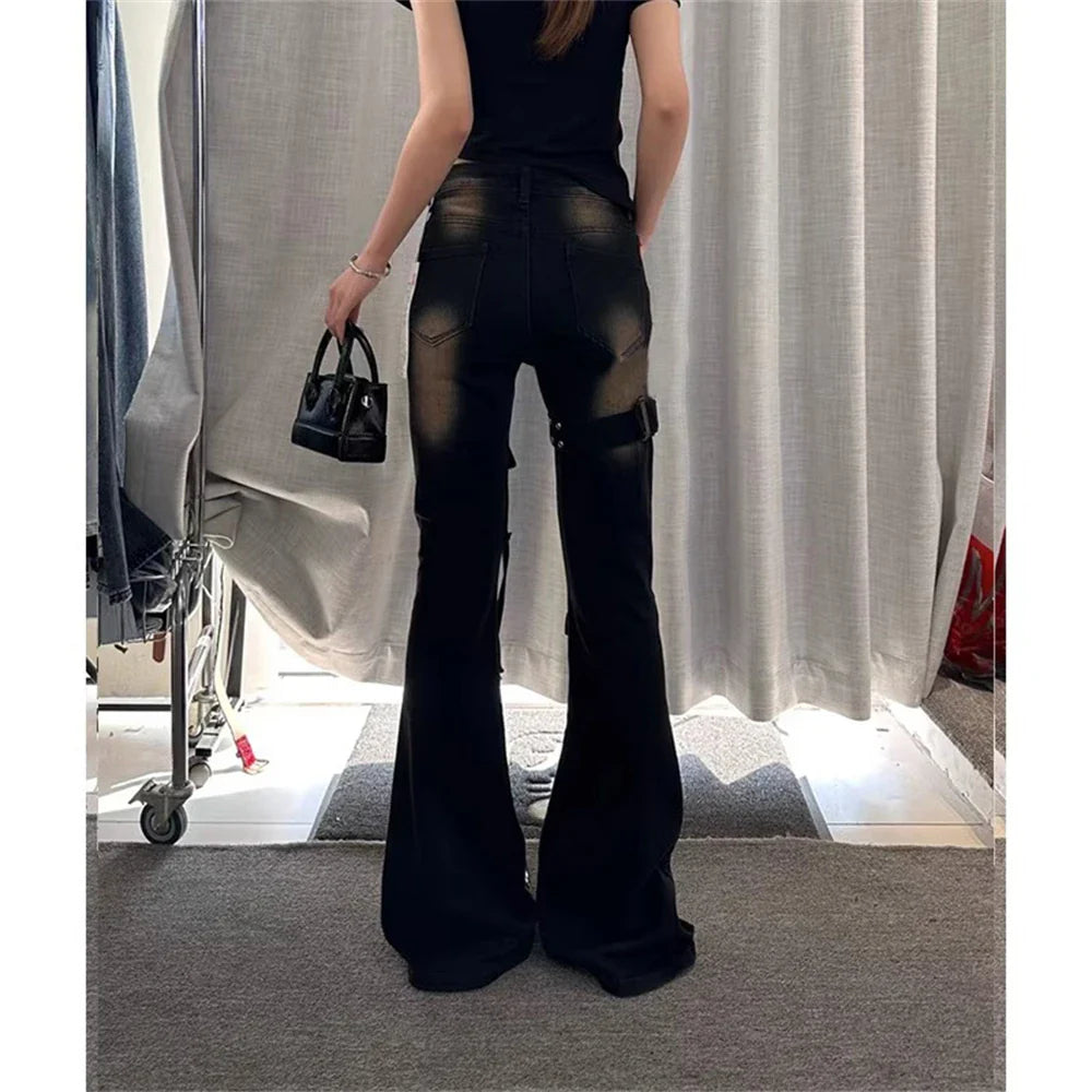 2025 Autumn Winter Women's Denim Pants High Waist Cargo Jean Goblin Core Kpop Bell Bottom Japanese Y2k Stretch 2000s Jeans Gyaru