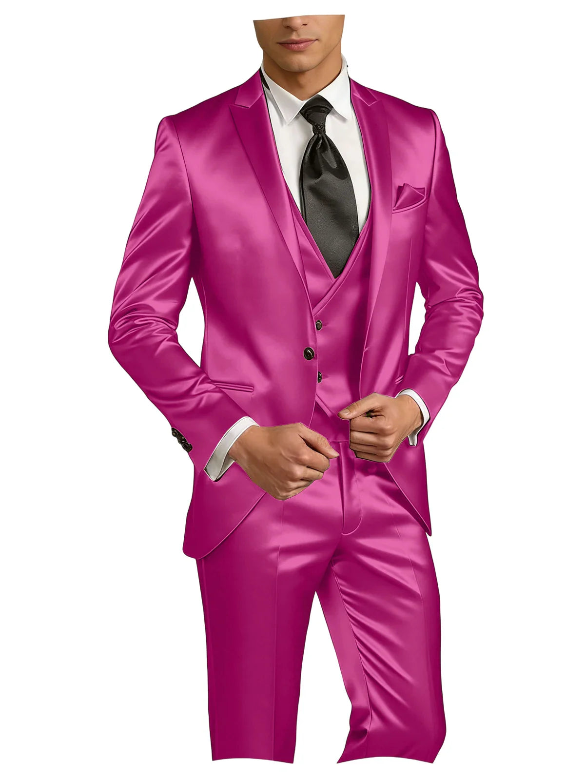 Luxury Men's Satin Suit 3 Piece Set Notch Lapel Slim Fit 1 Button Blazer Vest Pants for Formal Groom Groomsmen Prom Party