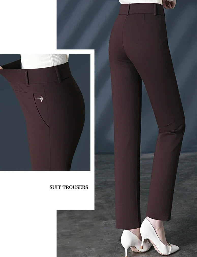 Black Women's High Waist Stretch Suit Pants, Fashion Slim Trousers, Purple Green Brown Pantalones, Asian Size M-6XL
