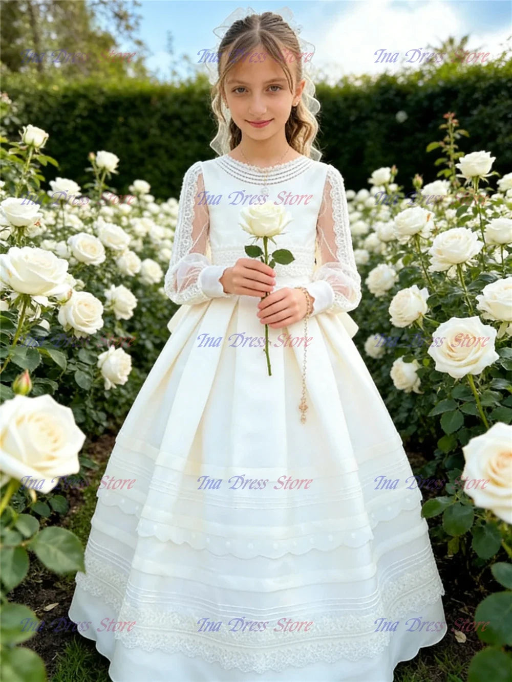 Elegant Long-sleeved Tulle Lace Printing Flower Girl Dress Princess Ball First Communion Dresses Kids Surprise Birthday Present