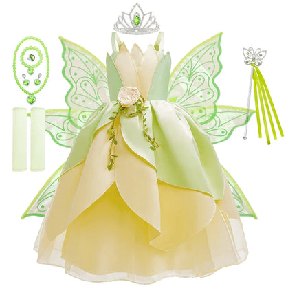 Tiana Fancy Girls Princess Costume Kid Carnival Dress Cosplay Floral LED Light Up Clothing Halloween Girls Christmas Party 2-11T