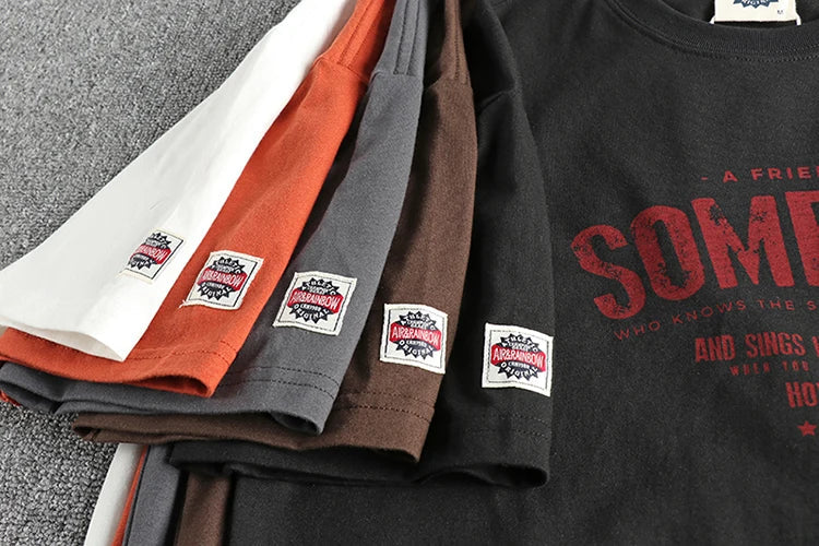 5110# Summer New American Retro Short Sleeve O-neck Letter Printed T-shirt Men's Simple 100% Cotton Old Washed Loose Casual Tops