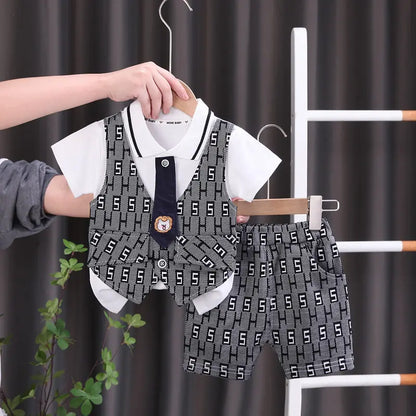 Children Boys Cotton Clothes Outfits Gentleman Tie Patchwork Vest T-Shirt 2pcs/Set Toddler Kids Clothing Sets Suit 0-5 Years