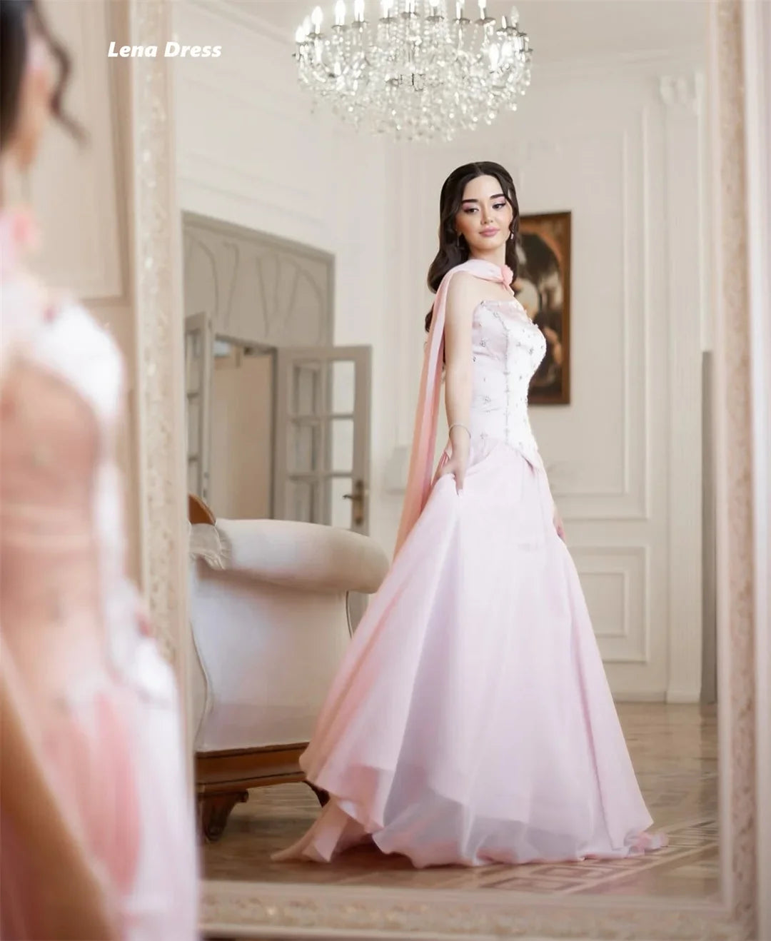 Lena Pink Evening Gown Women's Evening Dress Luxury 2025 Dresses Shawl Rhinestone Custom Made Party Dresses Woman Line A Prom