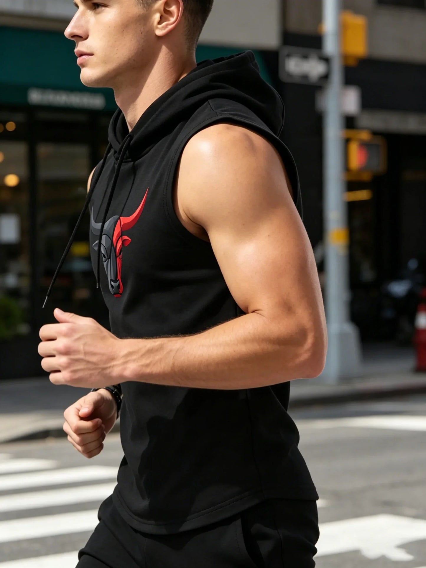 Men's Spring Summer Sleeveless Hoodie Tank, Black Red Bull Print Quick Dry Breathable Workout Vest, Gym Streetwear