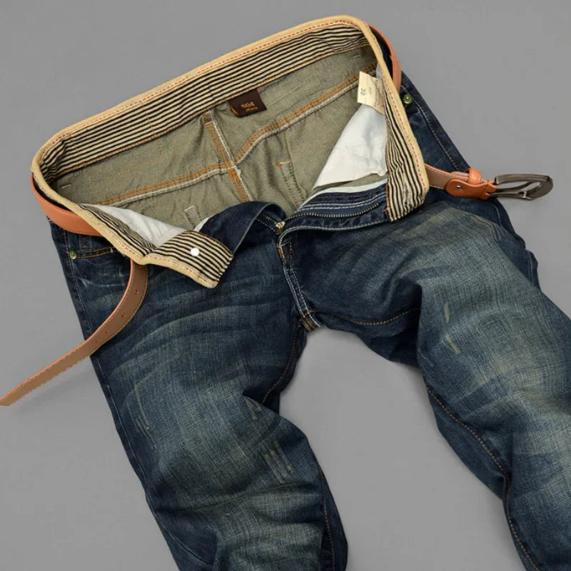 Men Jeans Retro Nostalgic Long Pants Casual Versatile Denim Pants Fashionable and Trendy Brand Washed Straight Leg Distressed