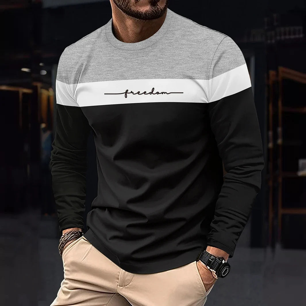2026 Autumn Men's T-Shirt Clothing Fashion Oversized Crew Neck Long Sleeve T-Shirt Top Simple Casual Stripe T-Shirts For Men
