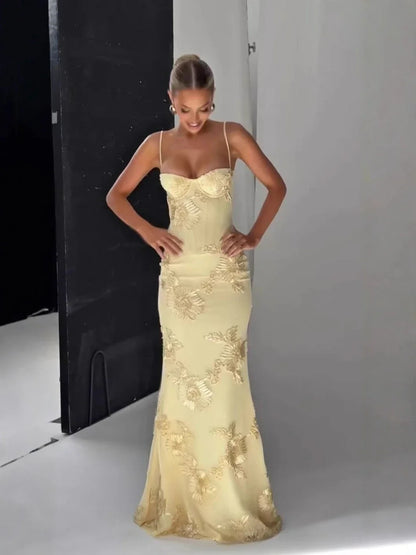 Backless Mermaid Dress Women Formal Occasion Elegant Lace Up Dress Mesh Embroidery Evening Party Dress