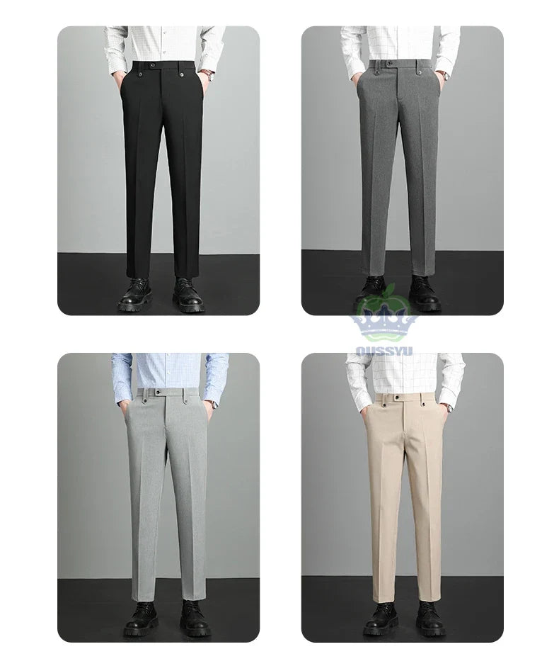 Brand High Quality Business Suit Ankle Length Pants Men Grey Khaki Waist Design Work Office Formal Long Trousers Male