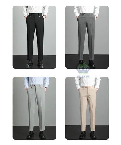Brand High Quality Business Suit Ankle Length Pants Men Grey Khaki Waist Design Work Office Formal Long Trousers Male