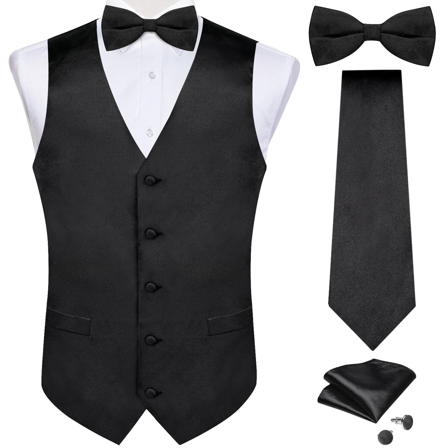 Black Satin Solid Suit Vest with Tie and Pre-tied Bow Tie Set Purple Blue Sage Green Wedding Party Men's Waistcoat DiBanGu