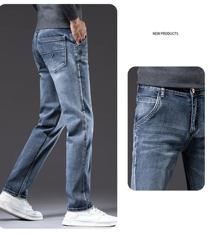 New Men's Slim Straight Elastic Jeans Fashion Business Casual Comfortable Soft Denim Trousers High Quality Mens Designer Clothes