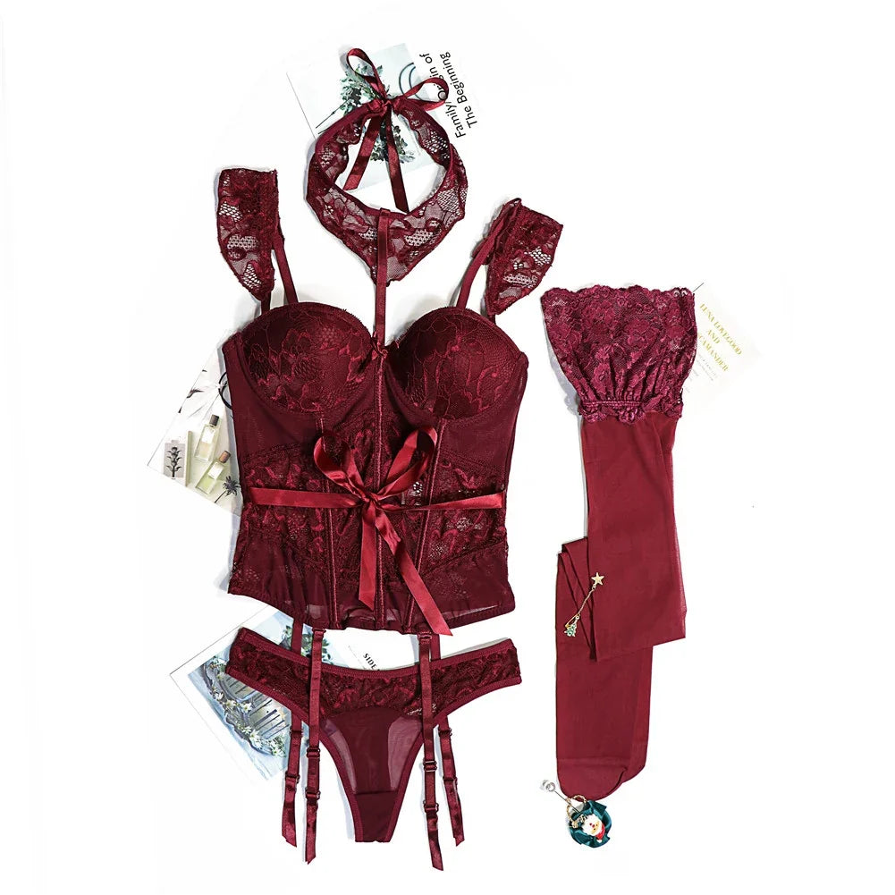 Sexy Lace Corset Body Shapewear Set Women Bustier with Suspenders Stockings Choker 4pcs Body Shapers Lingerie