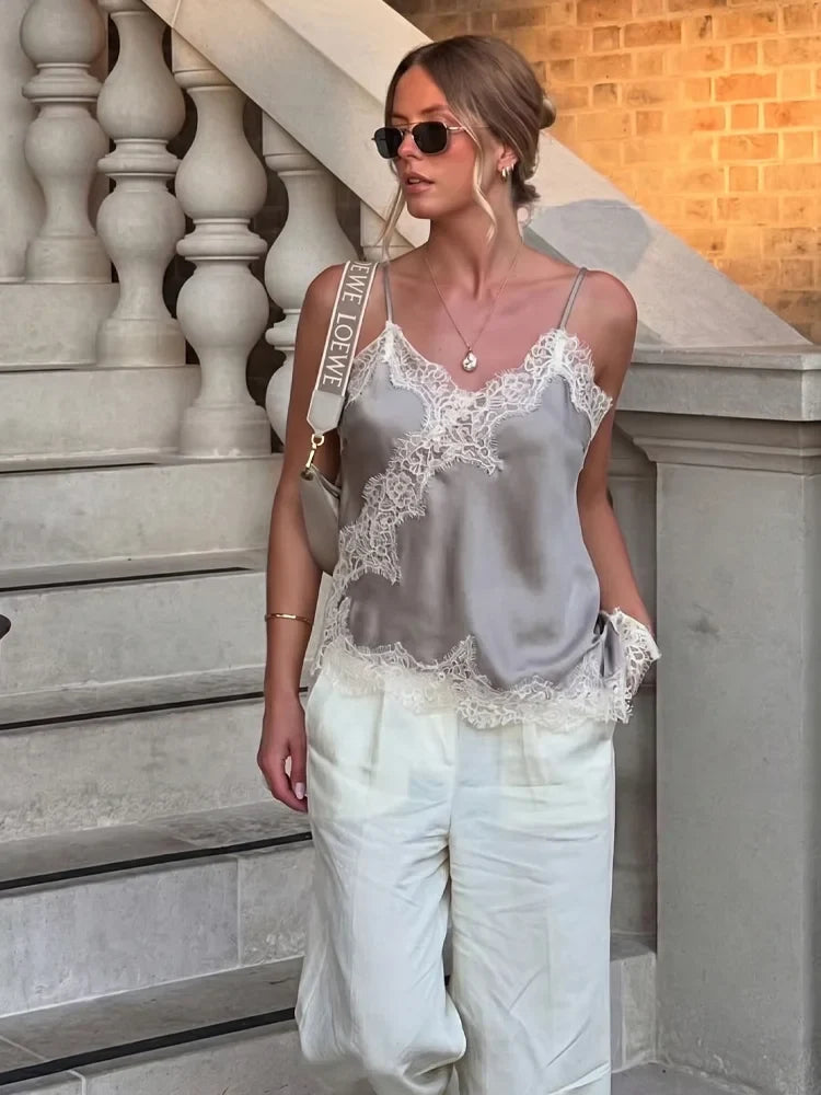 Women Fashion Lace Patchwork Straps Top Irregular Hem Spaghetti Straps V-Neck Hollow Sexy Tops 2026 Summer Night Date Wear