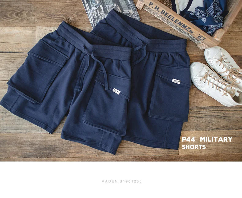 Navy Blue P44 Cargo Joggers Shorts Men Loose Cotton Large Pocket Work Tactical Short Pants Amekaji Casual Knitted Shorts