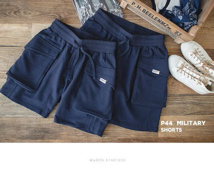 Navy Blue P44 Cargo Joggers Shorts Men Loose Cotton Large Pocket Work Tactical Short Pants Amekaji Casual Knitted Shorts