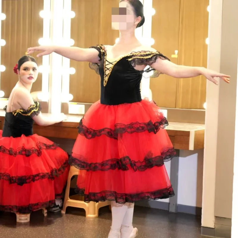 Professional Ballet Romantic Tutu Long Skirt Black Red Spain Dress Girls Adult Children's Performance Ballet Clothes For Women