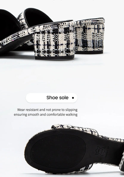 Middle heel square heel slippers fabric fashion casual shoes luxury brand slippers girls street commuter slippers