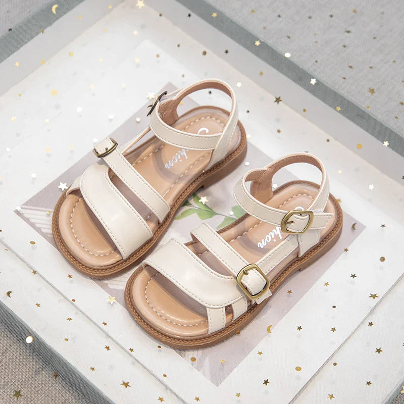 Girls Roman Sandals Open Toe Little Kids Leather Sandals with Buckle Open Toe Children Summer Beach Shoes Non-Slip Soft Sole