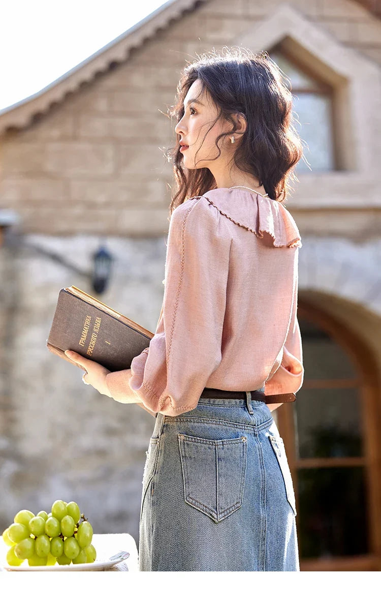 Lotus Leaf Collar Shirt Bubble Sleeves Pink Shirt for Women Spring 2025 Sweet Chiffon Top Temperament Shirts MXE12X1702