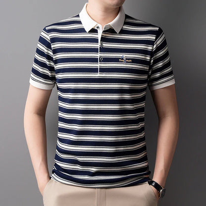 2025 Summer New Men's Polo Shirt Business Casual Collar Short Sleeve Men's Fashion Printed Stripe Half Sleeve Top