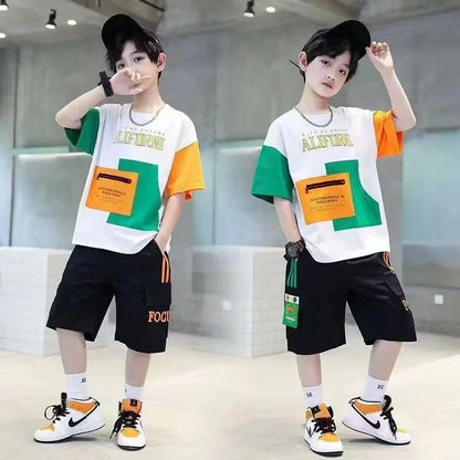 Summer Boys Clothes Sets Teenager Casual Outfits Kids Print T-shirt +Shorts 2Pcs Children Short Sleeve Tracksuit Suits 5-12 Year