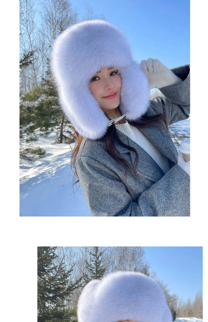 Winter Warm Real Fox Fur Hat Ear-Protecting Hats Women's Genuine Leather Windproof Fox Fur Bomber Hat Thickened Sheepskin Cap
