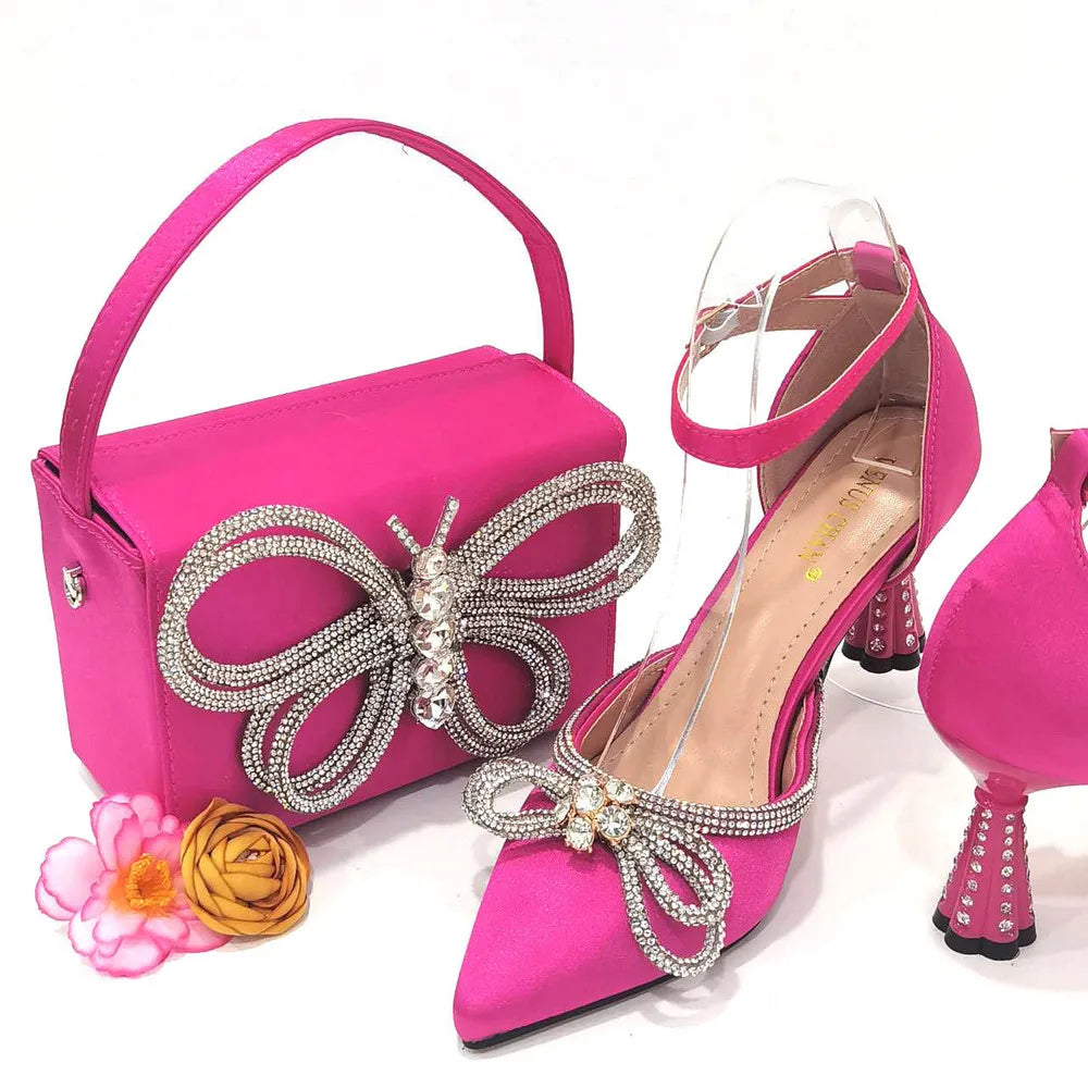 2023 Ladies Pointed-Toe Party High Heels Magenta Colour Bow Rhinestone Stereo Bag Evening  African Wedding Shoe And Bag Set