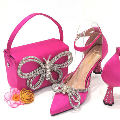 2023 Ladies Pointed-Toe Party High Heels Magenta Colour Bow Rhinestone Stereo Bag Evening  African Wedding Shoe And Bag Set