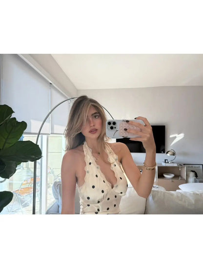 Lace Spliced Polka Dot Halter Dress Women Elegant A-line Mini Sexy Backless Dresses Summer Robe 2025