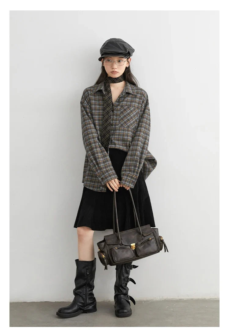 New Women Shirt Loose Casual Long Sleeved Vintage Thick Sanding Female Plaid Blouses Single-breasted Autumn Winter 2026