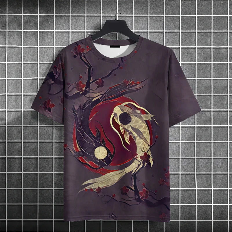 Crane Waves Pattern T-Shirt For Men Chinese Koi Fish 3D Print Tees Summer Casual Loose Short Sleeve O-Neck Tops Unisex T Shirts