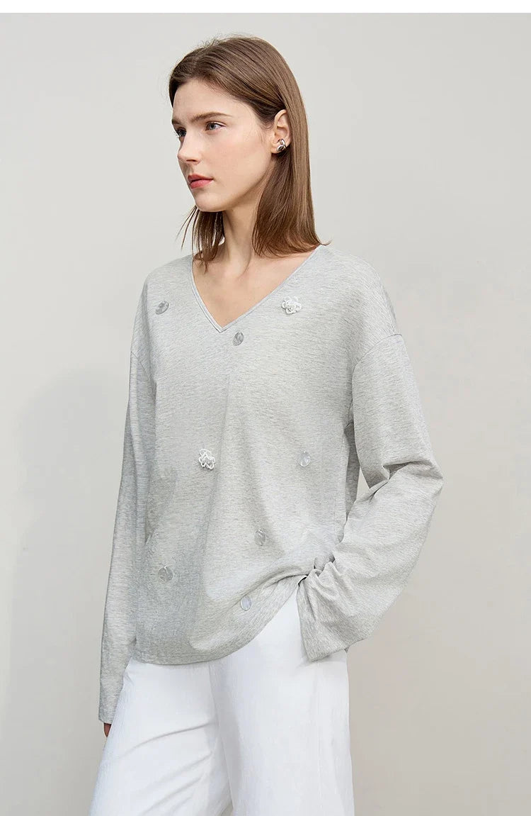 Women's Long Sleeve Top 2026 Spring New V-neck Loose T-shirt Women's Cotton Knitted Tees Pullover Versatile Top 12641011