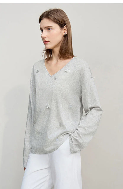 Women's Long Sleeve Top 2026 Spring New V-neck Loose T-shirt Women's Cotton Knitted Tees Pullover Versatile Top 12641011